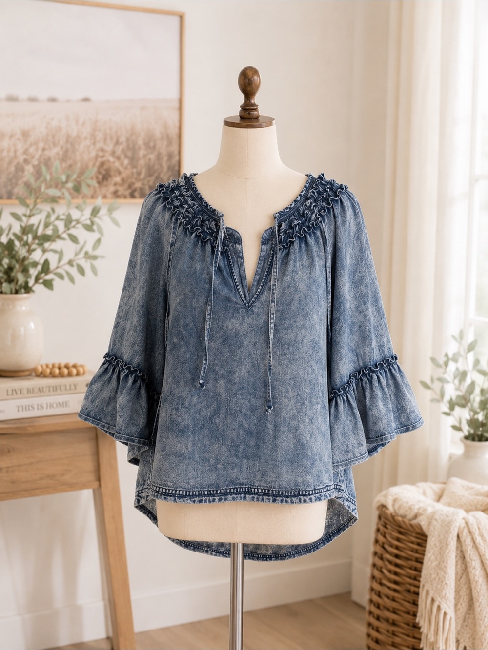 Free People Ainsley Smocked Denim Top Size M Ruffle Bell Sleeve Boho EUC
